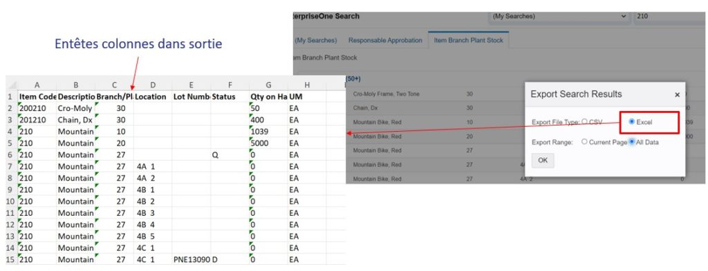 Release 22 JD Edwards : Export Excel E1Search