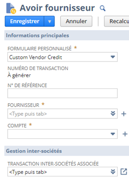 Paired Intercompany Transactions : avoir fournisseur
