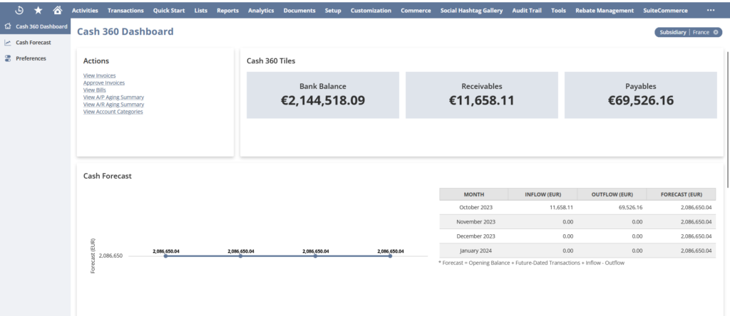 Cash 360 dashboard release NetSuite
